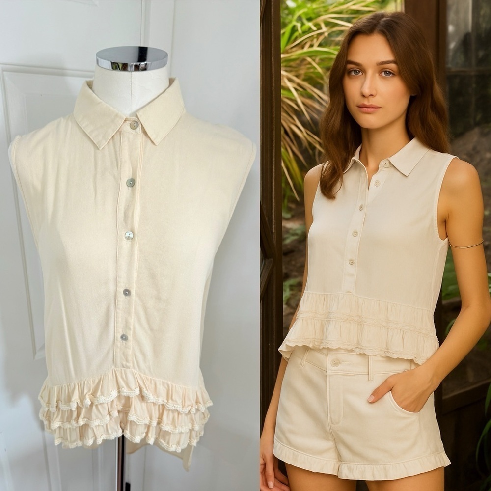 POL Cream Button Down Sleeveless Ruffle Hem Top